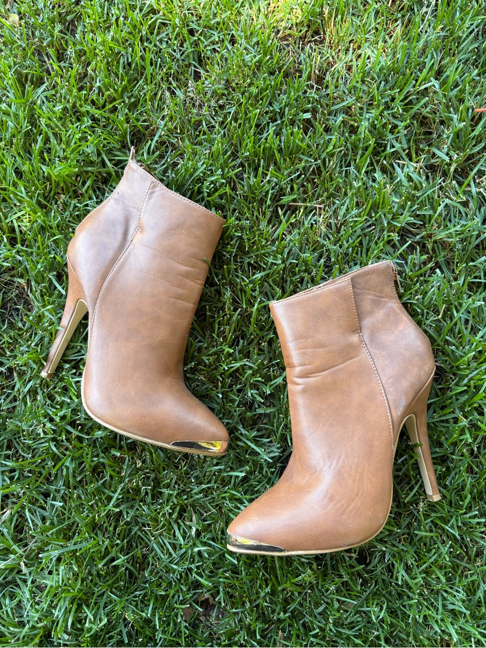 Charming Charlie Tan Ankle Booties with Gold Toe Cap